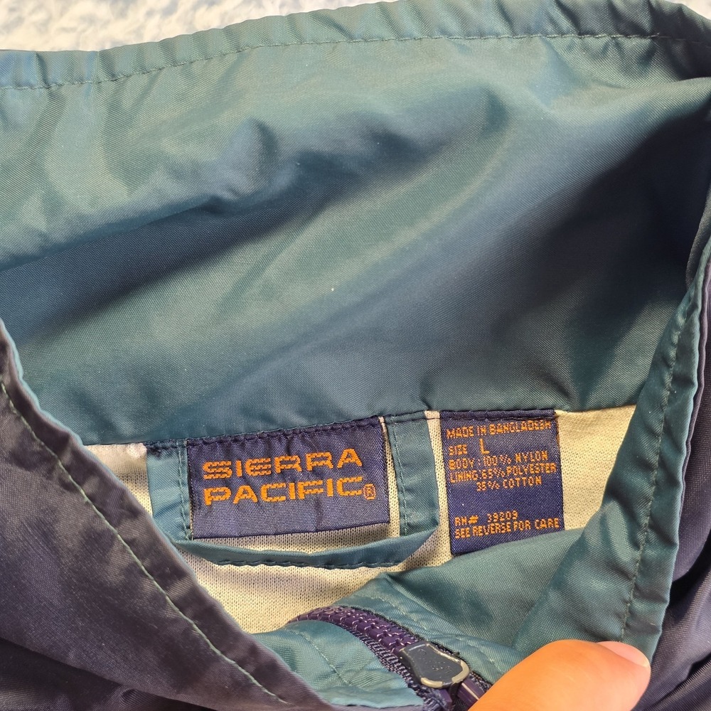 VTG y2k Sierra Pacific Striped Windbreaker Jacket Dark Green Navy Yellow White - Picture 2 of 11
